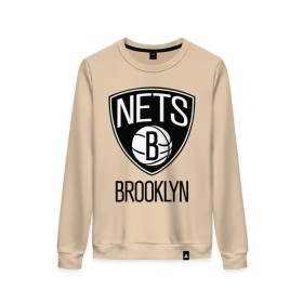 Женский свитшот хлопок с принтом Nets Brooklyn в Тюмени, 100% хлопок | прямой крой, круглый вырез, на манжетах и по низу широкая трикотажная резинка  | бруклин