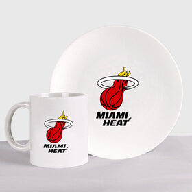 Набор: тарелка + кружка с принтом Miami Heat-logo в Тюмени, керамика | Кружка: объем — 330 мл, диаметр — 80 мм. Принт наносится на бока кружки, можно сделать два разных изображения. 
Тарелка: диаметр - 210 мм, диаметр для нанесения принта - 120 мм. | Тематика изображения на принте: basketball | nba | баскетболл | лого баскетбольных клубов | майами | нба