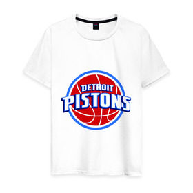 Мужская футболка хлопок с принтом Detroit Pistons - logo в Тюмени, 100% хлопок | прямой крой, круглый вырез горловины, длина до линии бедер, слегка спущенное плечо. | basketball | nba | баскетболл | детроит | лого баскетбольных клубов | нба