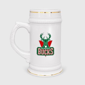 Кружка пивная с принтом Milwaukee Bucks - logo в Тюмени,  керамика (Материал выдерживает высокую температуру, стоит избегать резкого перепада температур) |  объем 630 мл | basketball | nba | баскетболл | лого баскетбольных клубов | нба