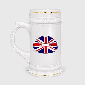 Кружка пивная с принтом Britain lips в Тюмени,  керамика (Материал выдерживает высокую температуру, стоит избегать резкого перепада температур) |  объем 630 мл | england | great britain | lips | англия | британия | британский флаг | великобритания | губы | поцелуй