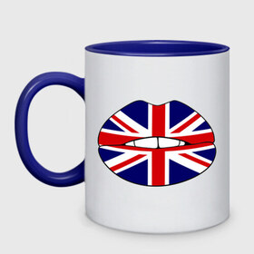 Кружка двухцветная с принтом Britain lips в Тюмени, керамика | объем — 330 мл, диаметр — 80 мм. Цветная ручка и кайма сверху, в некоторых цветах — вся внутренняя часть | england | great britain | lips | англия | британия | британский флаг | великобритания | губы | поцелуй