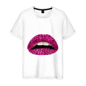Мужская футболка хлопок с принтом Pink leopard lips в Тюмени, 100% хлопок | прямой крой, круглый вырез горловины, длина до линии бедер, слегка спущенное плечо. | Тематика изображения на принте: lips | губы | леопард | помада | поцелуй