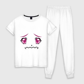 Женская пижама хлопок с принтом Розовые аниме глаза в Тюмени, 100% хлопок | брюки и футболка прямого кроя, без карманов, на брюках мягкая резинка на поясе и по низу штанин | anime | аниме | взгляд | глаза | лицо | розовые глаза