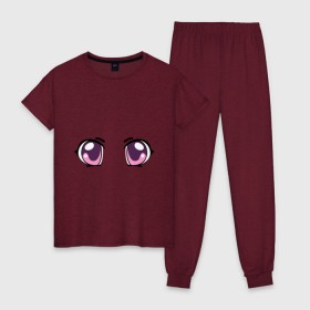 Женская пижама хлопок с принтом Фиолетовые аниме глаза в Тюмени, 100% хлопок | брюки и футболка прямого кроя, без карманов, на брюках мягкая резинка на поясе и по низу штанин | anime | взгляд | лицо