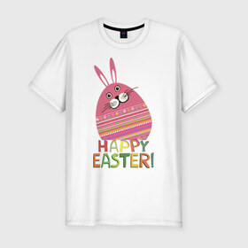 Мужская футболка премиум с принтом Easter rabbit в Тюмени, 92% хлопок, 8% лайкра | приталенный силуэт, круглый вырез ворота, длина до линии бедра, короткий рукав | Тематика изображения на принте: happy easter | кролик | пасха | пасхальное яйцо | пасхальный кролик | счастливой пасхи