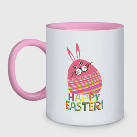 Кружка двухцветная с принтом Easter rabbit в Тюмени, керамика | объем — 330 мл, диаметр — 80 мм. Цветная ручка и кайма сверху, в некоторых цветах — вся внутренняя часть | happy easter | кролик | пасха | пасхальное яйцо | пасхальный кролик | счастливой пасхи