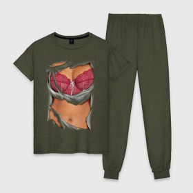 Женская пижама хлопок с принтом Идеальный бюст в Тюмени, 100% хлопок | брюки и футболка прямого кроя, без карманов, на брюках мягкая резинка на поясе и по низу штанин | грудь | женское тело | подарок бабушке | подарок жене | тело