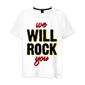 Мужская футболка хлопок с принтом We will rock you! в Тюмени, 100% хлопок | прямой крой, круглый вырез горловины, длина до линии бедер, слегка спущенное плечо. | freddie mercury | queen | классический рок | куин | рок группа | фредди меркьюри