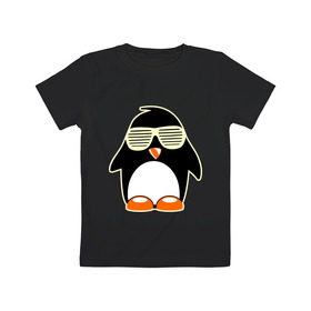 Детская футболка хлопок с принтом Пингвин в очках-жалюзи glow в Тюмени, 100% хлопок | круглый вырез горловины, полуприлегающий силуэт, длина до линии бедер | пингвин