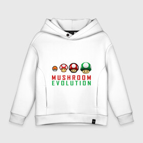 Детское худи Oversize хлопок с принтом Mario Mushroom Evolution в Тюмени, френч-терри — 70% хлопок, 30% полиэстер. Мягкий теплый начес внутри —100% хлопок | боковые карманы, эластичные манжеты и нижняя кромка, капюшон на магнитной кнопке | nintendo | марио | нинтендо