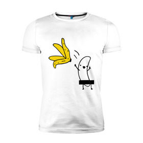 Мужская футболка премиум с принтом Банан стриптизер в Тюмени, 92% хлопок, 8% лайкра | приталенный силуэт, круглый вырез ворота, длина до линии бедра, короткий рукав | кожура | одежда | прикольная картинка | раздеваться | фрукт | юмор