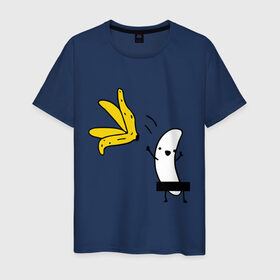 Мужская футболка хлопок с принтом Банан стриптизер в Тюмени, 100% хлопок | прямой крой, круглый вырез горловины, длина до линии бедер, слегка спущенное плечо. | Тематика изображения на принте: кожура | одежда | прикольная картинка | раздеваться | фрукт | юмор