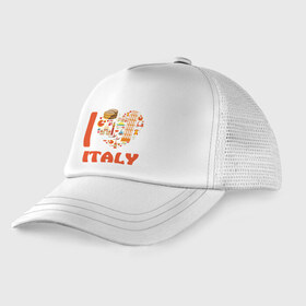 Детская кепка тракер с принтом Я люблю Италию в Тюмени, Козырек - 100% хлопок. Кепка - 100% полиэстер, Задняя часть - сетка | универсальный размер, пластиковая застёжка | Тематика изображения на принте: башня пейзанская | италия | колизей | пицца | я люблю италию