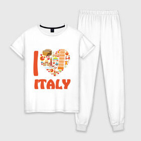 Женская пижама хлопок с принтом Я люблю Италию в Тюмени, 100% хлопок | брюки и футболка прямого кроя, без карманов, на брюках мягкая резинка на поясе и по низу штанин | башня пейзанская | италия | колизей | пицца | я люблю италию