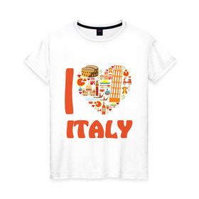 Женская футболка хлопок с принтом Я люблю Италию в Тюмени, 100% хлопок | прямой крой, круглый вырез горловины, длина до линии бедер, слегка спущенное плечо | башня пейзанская | италия | колизей | пицца | я люблю италию