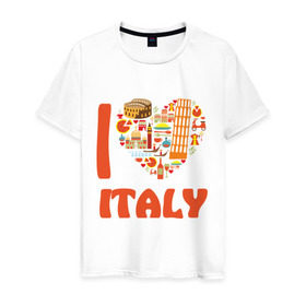 Мужская футболка хлопок с принтом Я люблю Италию в Тюмени, 100% хлопок | прямой крой, круглый вырез горловины, длина до линии бедер, слегка спущенное плечо. | Тематика изображения на принте: башня пейзанская | италия | колизей | пицца | я люблю италию