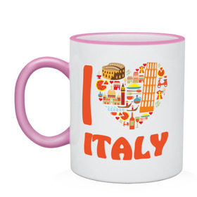Кружка двухцветная с принтом Я люблю Италию в Тюмени, керамика | объем — 330 мл, диаметр — 80 мм. Цветная ручка и кайма сверху, в некоторых цветах — вся внутренняя часть | башня пейзанская | италия | колизей | пицца | я люблю италию