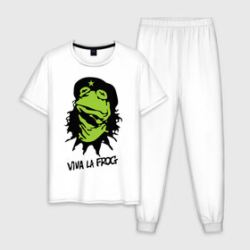Мужская пижама хлопок с принтом Viva la Frog в Тюмени, 100% хлопок | брюки и футболка прямого кроя, без карманов, на брюках мягкая резинка на поясе и по низу штанин
 | frog | viva la frog | viva лягушка | лягушка | лягушка чегевара