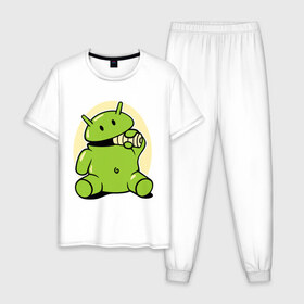 Мужская пижама хлопок с принтом Андроид кушает батарейку в Тюмени, 100% хлопок | брюки и футболка прямого кроя, без карманов, на брюках мягкая резинка на поясе и по низу штанин
 | adnroid | андроид | андроид кушает батарейку | андройд