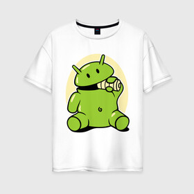 Женская футболка хлопок Oversize с принтом Андроид кушает батарейку в Тюмени, 100% хлопок | свободный крой, круглый ворот, спущенный рукав, длина до линии бедер
 | adnroid | андроид | андроид кушает батарейку | андройд
