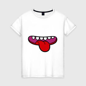 Женская футболка хлопок с принтом Зубастый рот и язычок в Тюмени, 100% хлопок | прямой крой, круглый вырез горловины, длина до линии бедер, слегка спущенное плечо | зубастый | зубастый рот | зубастый рот и язычок | рот | рот язычок | язычок