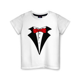 Детская футболка хлопок с принтом Смокинг и красная бабочка в Тюмени, 100% хлопок | круглый вырез горловины, полуприлегающий силуэт, длина до линии бедер | Тематика изображения на принте: смокинг