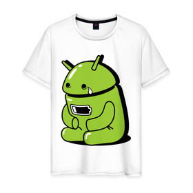 Мужская футболка хлопок с принтом Андроид плачет в Тюмени, 100% хлопок | прямой крой, круглый вырез горловины, длина до линии бедер, слегка спущенное плечо. | android | андроид | андроид плачет