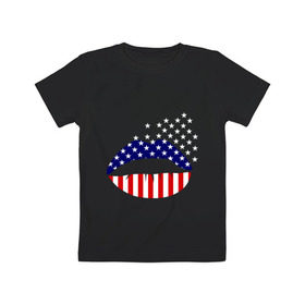Детская футболка хлопок с принтом Американские губы в Тюмени, 100% хлопок | круглый вырез горловины, полуприлегающий силуэт, длина до линии бедер | Тематика изображения на принте: американский флаг | губы | флаг америки | флаг сша