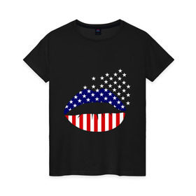 Женская футболка хлопок с принтом Американские губы в Тюмени, 100% хлопок | прямой крой, круглый вырез горловины, длина до линии бедер, слегка спущенное плечо | американский флаг | губы | флаг америки | флаг сша