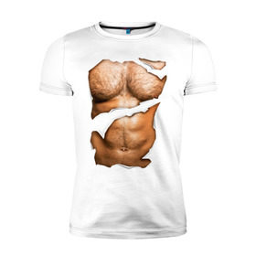 Мужская футболка премиум с принтом Мужской пресс в Тюмени, 92% хлопок, 8% лайкра | приталенный силуэт, круглый вырез ворота, длина до линии бедра, короткий рукав | body | волосатая грудь | волосатое тело | мужское тело | тело | торс