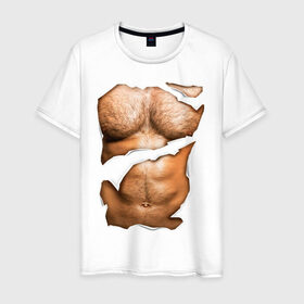 Мужская футболка хлопок с принтом Мужской пресс в Тюмени, 100% хлопок | прямой крой, круглый вырез горловины, длина до линии бедер, слегка спущенное плечо. | body | волосатая грудь | волосатое тело | мужское тело | тело | торс