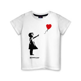 Детская футболка хлопок с принтом Девочка с шариком-сердечком в Тюмени, 100% хлопок | круглый вырез горловины, полуприлегающий силуэт, длина до линии бедер | Тематика изображения на принте: banksy | бенкси | бэнкси | графити | граффити | девочка с сердечком | девочка с шариком | девочка с шариком сердечком | стрит арт | стритарт