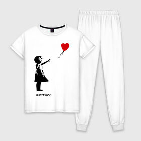Женская пижама хлопок с принтом Девочка с шариком-сердечком в Тюмени, 100% хлопок | брюки и футболка прямого кроя, без карманов, на брюках мягкая резинка на поясе и по низу штанин | banksy | бенкси | бэнкси | графити | граффити | девочка с сердечком | девочка с шариком | девочка с шариком сердечком | стрит арт | стритарт