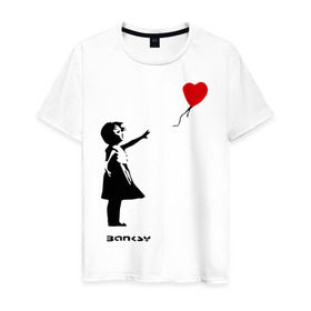 Мужская футболка хлопок с принтом Девочка с шариком-сердечком в Тюмени, 100% хлопок | прямой крой, круглый вырез горловины, длина до линии бедер, слегка спущенное плечо. | Тематика изображения на принте: banksy | бенкси | бэнкси | графити | граффити | девочка с сердечком | девочка с шариком | девочка с шариком сердечком | стрит арт | стритарт