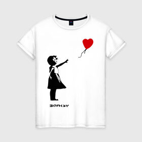 Женская футболка хлопок с принтом Девочка с шариком-сердечком в Тюмени, 100% хлопок | прямой крой, круглый вырез горловины, длина до линии бедер, слегка спущенное плечо | banksy | бенкси | бэнкси | графити | граффити | девочка с сердечком | девочка с шариком | девочка с шариком сердечком | стрит арт | стритарт