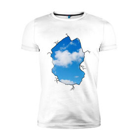 Мужская футболка премиум с принтом Небо. Бэнкси в Тюмени, 92% хлопок, 8% лайкра | приталенный силуэт, круглый вырез ворота, длина до линии бедра, короткий рукав | Тематика изображения на принте: banksy | бенкси | бэнкси | графити | граффити | небо | облака | облако | стрит арт | стритарт
