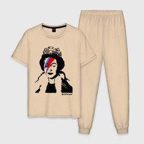 Мужская пижама хлопок с принтом Елизавета вторая в Тюмени, 100% хлопок | брюки и футболка прямого кроя, без карманов, на брюках мягкая резинка на поясе и по низу штанин
 | banksy | английская королева | англия | бенкси | бэнкси | великобритания | графити | граффити | королева | стрит арт | стритарт