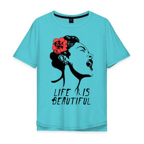Мужская футболка хлопок Oversize с принтом Life is beautiful в Тюмени, 100% хлопок | свободный крой, круглый ворот, “спинка” длиннее передней части | banksy | бенкси | бэнкси | графити | граффити | жизнь прекрасна | стрит арт | стритарт