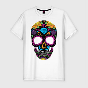 Мужская футболка премиум с принтом Skull mexica в Тюмени, 92% хлопок, 8% лайкра | приталенный силуэт, круглый вырез ворота, длина до линии бедра, короткий рукав | Тематика изображения на принте: skull | мексика | мексиканский череп | череп | черепа