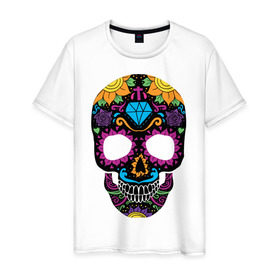 Мужская футболка хлопок с принтом Skull mexica в Тюмени, 100% хлопок | прямой крой, круглый вырез горловины, длина до линии бедер, слегка спущенное плечо. | Тематика изображения на принте: skull | мексика | мексиканский череп | череп | черепа