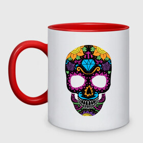 Кружка двухцветная с принтом Skull mexica в Тюмени, керамика | объем — 330 мл, диаметр — 80 мм. Цветная ручка и кайма сверху, в некоторых цветах — вся внутренняя часть | skull | мексика | мексиканский череп | череп | черепа