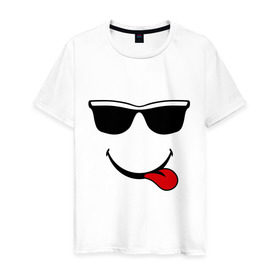 Мужская футболка хлопок с принтом Мы на позитиве (язык справа) в Тюмени, 100% хлопок | прямой крой, круглый вырез горловины, длина до линии бедер, слегка спущенное плечо. | smile | очки | парные | позитив | смайл