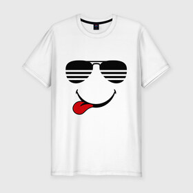Мужская футболка премиум с принтом Мы на позитиве (язык слева) в Тюмени, 92% хлопок, 8% лайкра | приталенный силуэт, круглый вырез ворота, длина до линии бедра, короткий рукав | smile | очки | парные | позитив | смайл