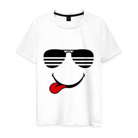 Мужская футболка хлопок с принтом Мы на позитиве (язык слева) в Тюмени, 100% хлопок | прямой крой, круглый вырез горловины, длина до линии бедер, слегка спущенное плечо. | smile | очки | парные | позитив | смайл