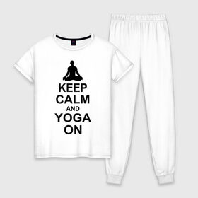 Женская пижама хлопок с принтом Keep calm and yoga on в Тюмени, 100% хлопок | брюки и футболка прямого кроя, без карманов, на брюках мягкая резинка на поясе и по низу штанин | йога | ом | спорт