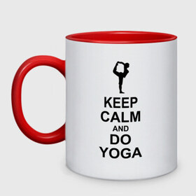 Кружка двухцветная с принтом Keep calm and do yoga. в Тюмени, керамика | объем — 330 мл, диаметр — 80 мм. Цветная ручка и кайма сверху, в некоторых цветах — вся внутренняя часть | йога | ом | спорт
