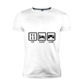 Мужская футболка премиум с принтом Eat sleep game в Тюмени, 92% хлопок, 8% лайкра | приталенный силуэт, круглый вырез ворота, длина до линии бедра, короткий рукав | джойстик | еда | есть | играть | компьютерные игры | постель | спать