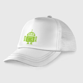Детская кепка тракер с принтом Android-bender в Тюмени, Козырек - 100% хлопок. Кепка - 100% полиэстер, Задняя часть - сетка | универсальный размер, пластиковая застёжка | админам | андроид | бендер | мультик | мультфильм | ос | робот | футурама