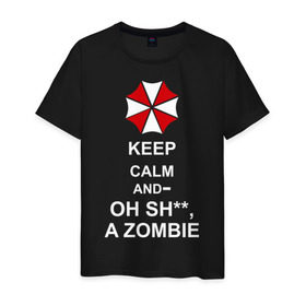 Мужская футболка хлопок с принтом Keep calm and oh sh**, a zombie в Тюмени, 100% хлопок | прямой крой, круглый вырез горловины, длина до линии бедер, слегка спущенное плечо. | a zombie | keep calm and oh sh | umbrella | zombie | амбрелла